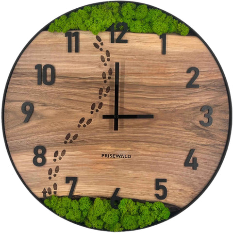 Runde Wanduhr aus Walnussholz, 50 cm, schwarzer Rahmen, arabische Ziffern, Fußabdrücke