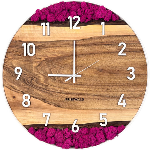 Runde Wanduhr aus Walnussholz, 50 cm, weisser Rahmen, weisse arabische Ziffern, rosa Moos