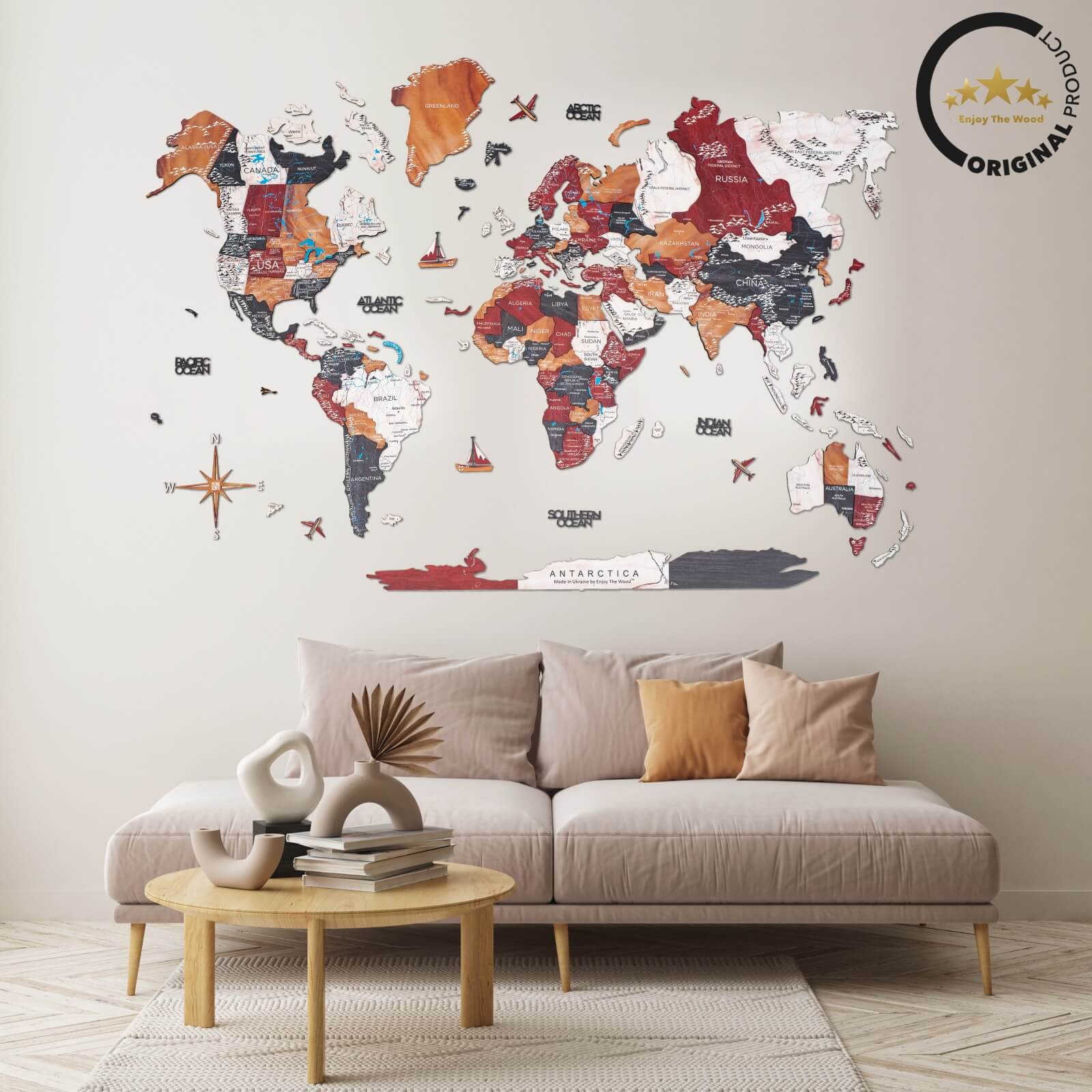 wooden world map in colors