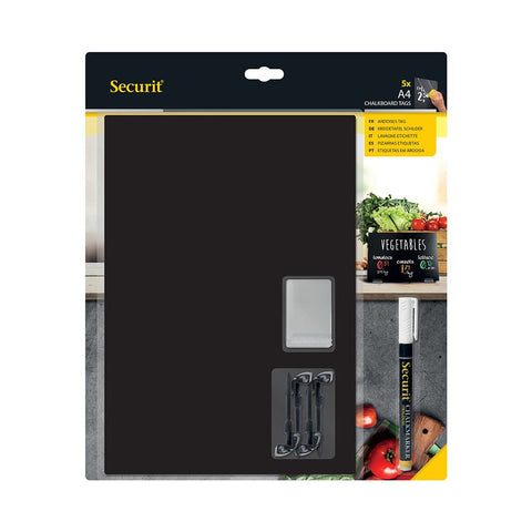 Securit® Kreidetafel TAGs A4 Schwarz, inkl. 1 Securit® Kreidestift, 4 Spikes und 4 transparenten Haltern, 5er Set