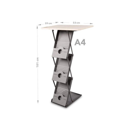 Faltbarer 2 in 1 Prospektständer Concord mit Theke, A4, Grau/Holz
