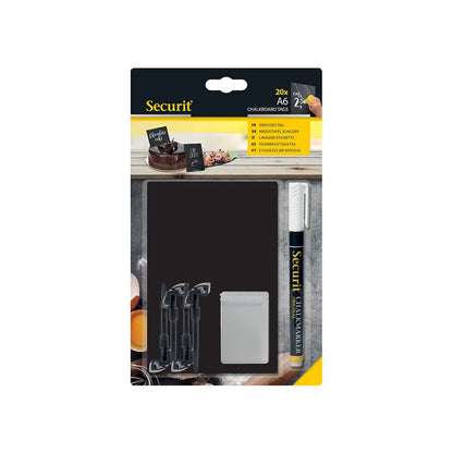 Securit® Kreidetafel TAGs A6 Schwarz, inkl. 1 Securit® Kreidestift, 4 Spikes und 4 transparenten Haltern, 20er Set