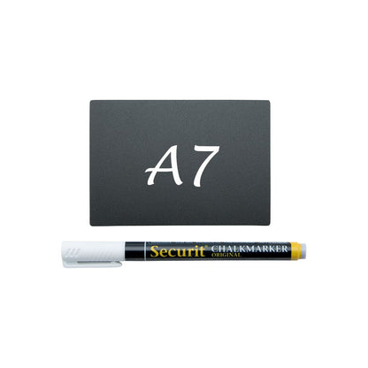 Securit® Kreidetafel TAGs A7 Schwarz, inkl. 1 Securit® Kreidestift, 4 Spikes und 4 transparenten Haltern, 20er Set