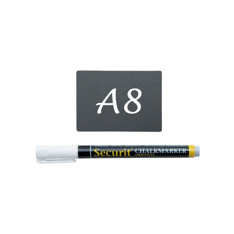 Securit® Kreidetafel TAGs A8 Schwarz, inkl. 1 Securit® Kreidestift, 4 Spikes und 4 transparenten Haltern, 20er Set