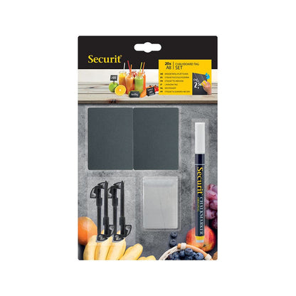 Securit® Kreidetafel TAGs A8 Schwarz, inkl. 1 Securit® Kreidestift, 4 Spikes und 4 transparenten Haltern, 20er Set