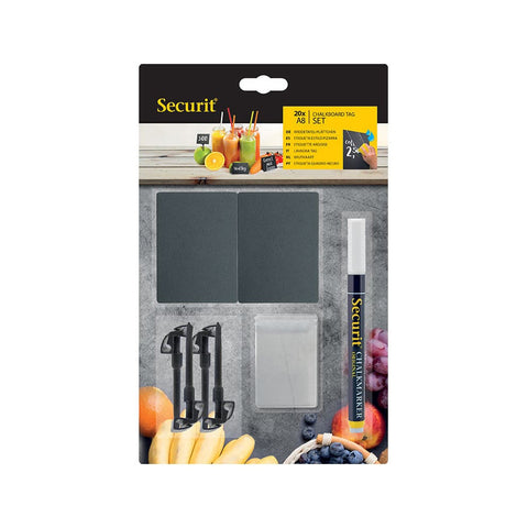 Securit® Kreidetafel TAGs A8 Schwarz, inkl. 1 Securit® Kreidestift, 4 Spikes und 4 transparenten Haltern, 20er Set