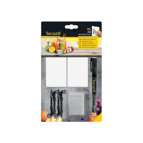Securit® Kreidetafel TAGs A8 Weiss, inkl. 1 Securit® Kreidestift, 4 Spikes und 4 transparenten Haltern, 20er Set
