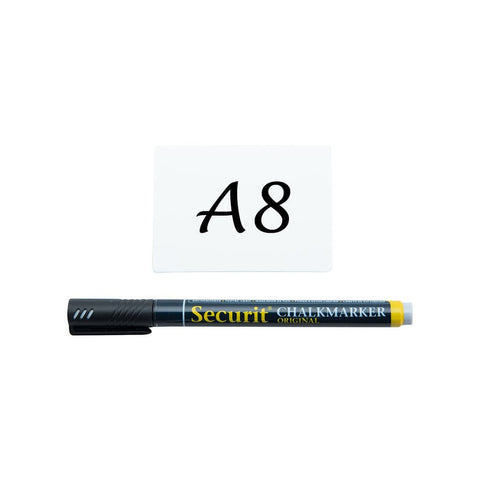 Securit® Kreidetafel TAGs A8 Weiss, inkl. 1 Securit® Kreidestift, 4 Spikes und 4 transparenten Haltern, 20er Set