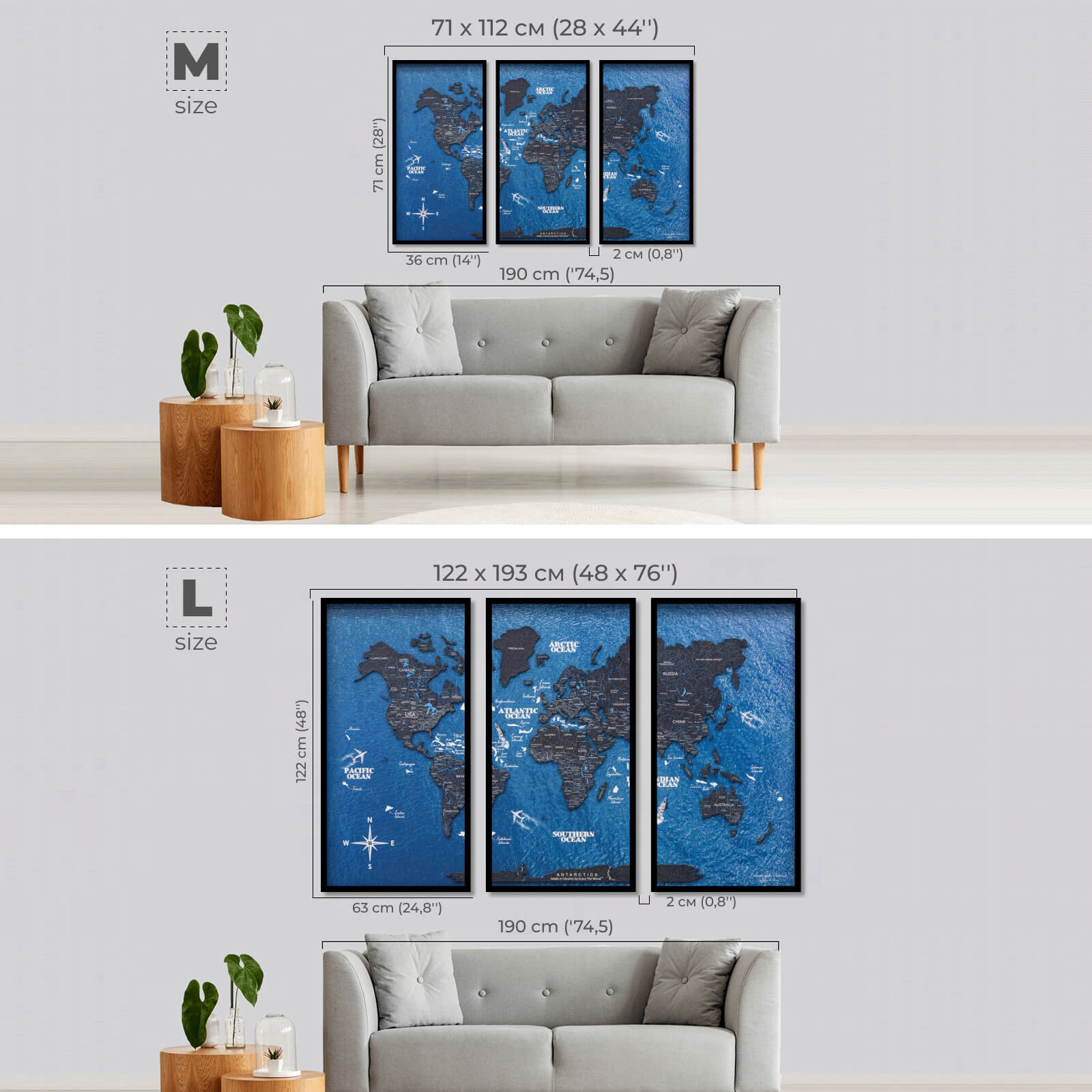 world map triptych