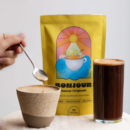 Bonjour – Elixir de Cogumelo de Cacau | Sem Cafeína • 2200mg Extratos • Vegano • 🇫🇷 Feito em França