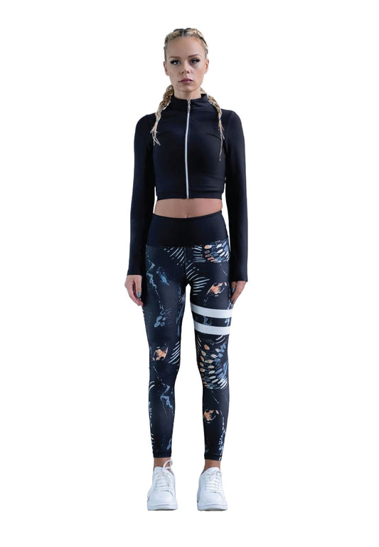 1163 Leggings Taille Extra Haute en Noir & Bleu avec Rayures
