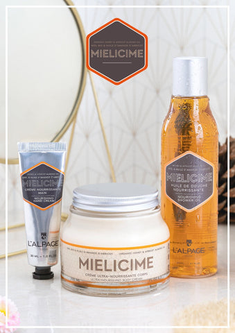 Set ou Coffret Cadeau TRIO Crème Corps 200ml + Crème Main + Huile Douche Mielicime