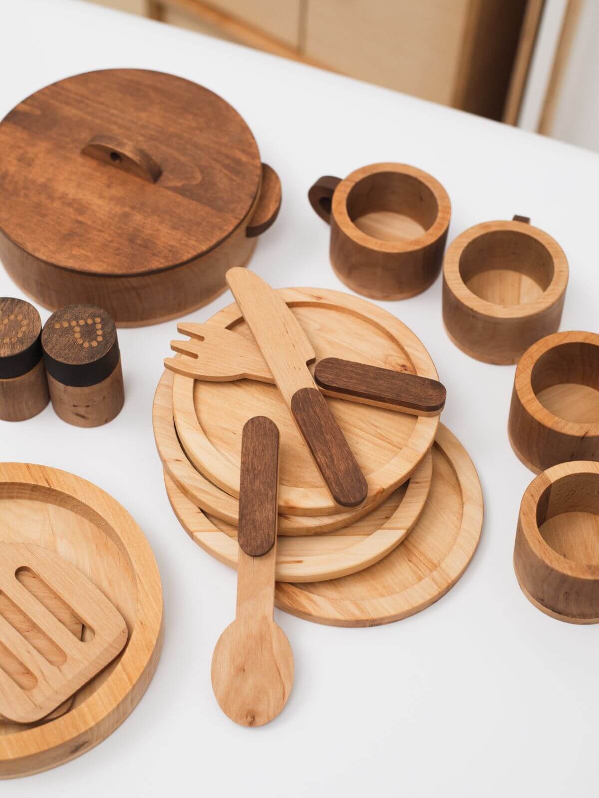 wooden play dish set