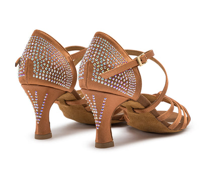 Elation Accent Show-Tanzschuhe en Bronze Satin Strass avec semelle flexible