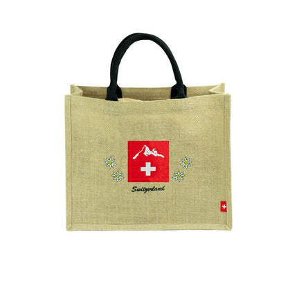 Swiss Ethno Jute Shopping Tasche – Matterhorn, Steinbock & Schweizer Kreuz