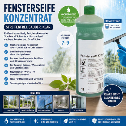 Fensterseife Konzentrat für streifenfreien Glanz, pH-Wert 9, 1 Liter