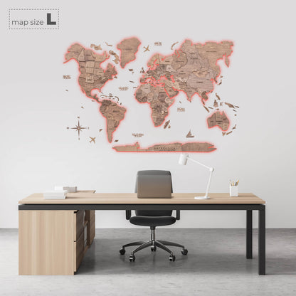 wooden world map with led