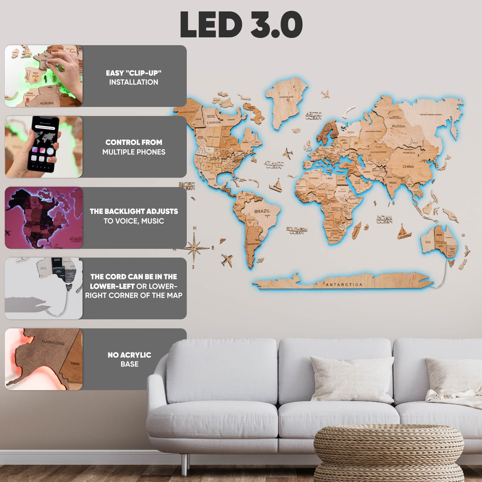 light up wooden world map