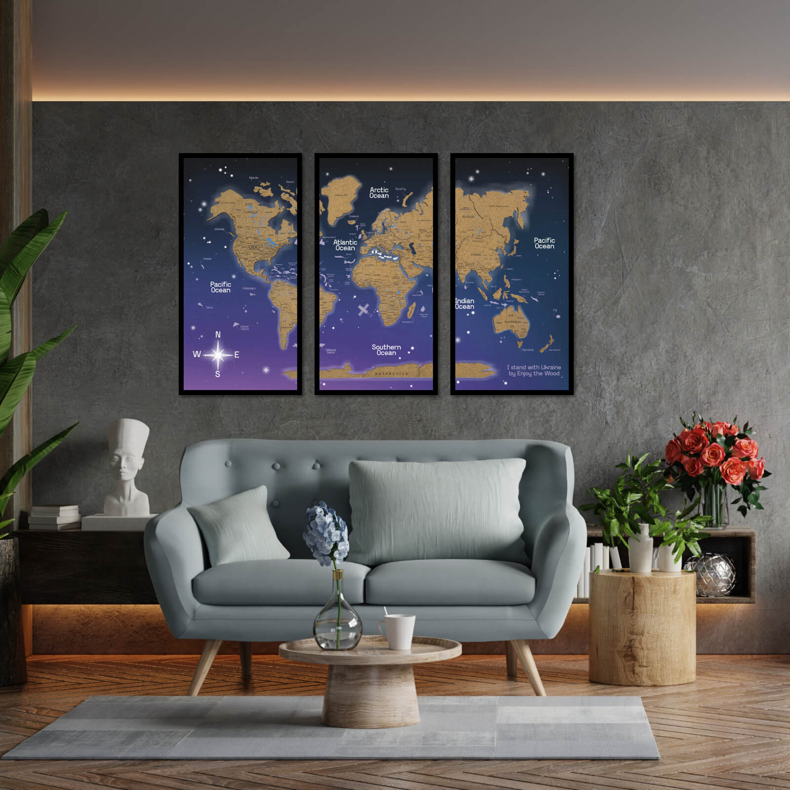 world map triptych