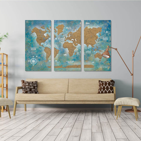 vintage world map triptych