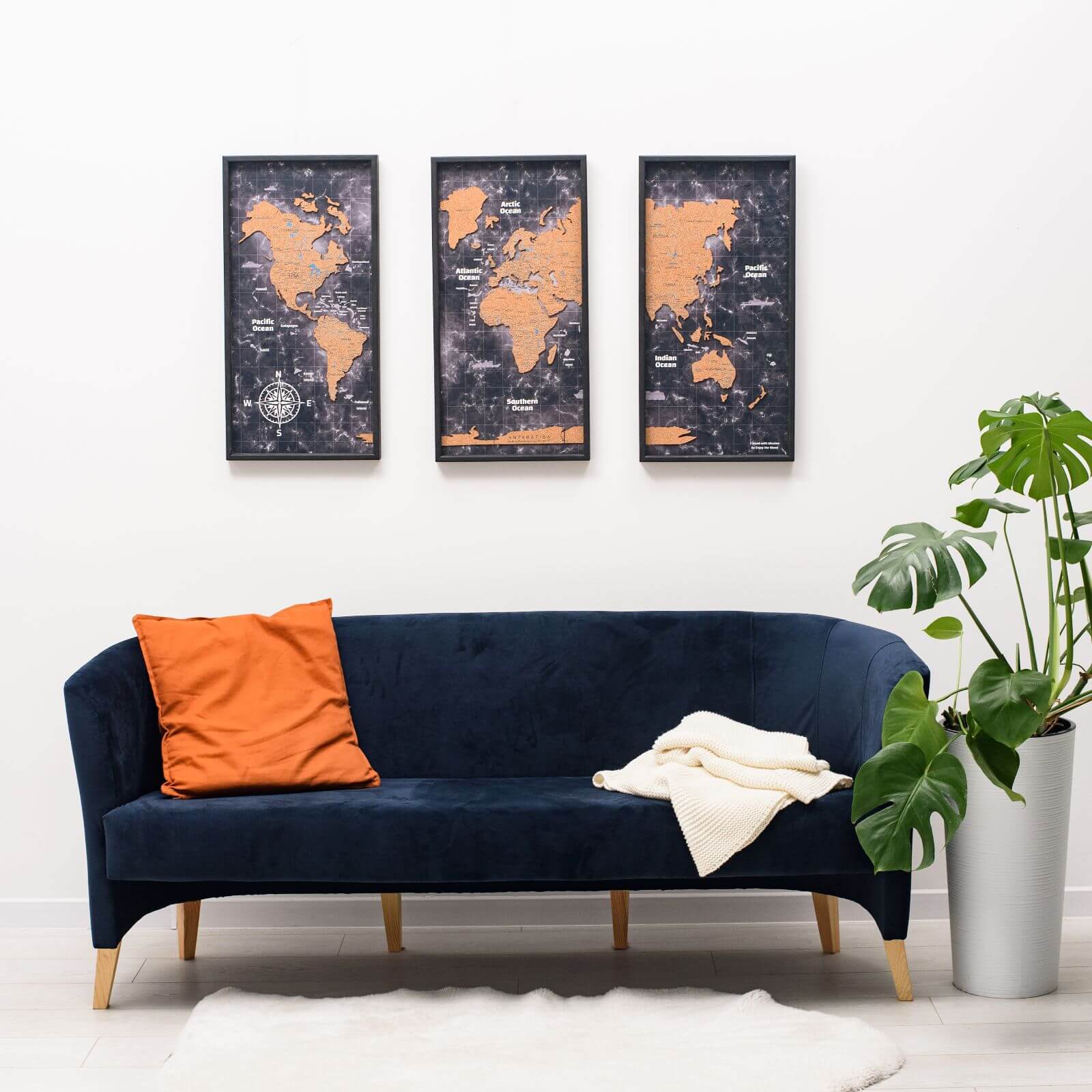 vintage world map triptych