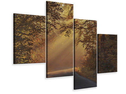 Leinwandbild 4-teilig modern Sonnenstrahlen im Wald