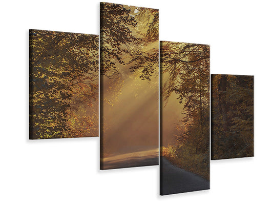 Leinwandbild 4-teilig modern Sonnenstrahlen im Wald