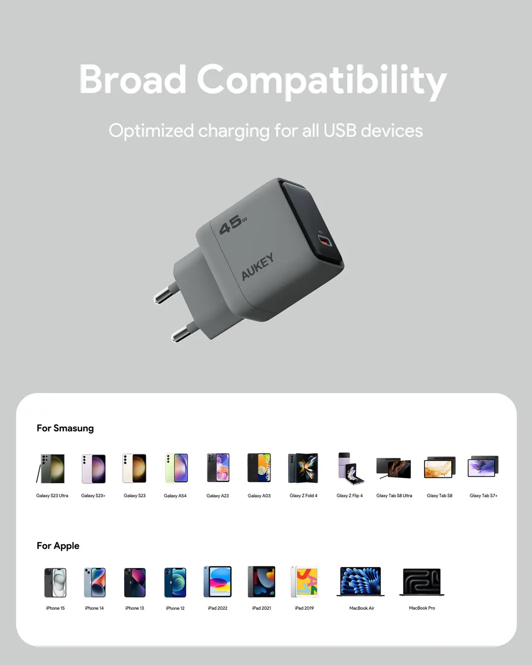 AUKEY Comet 45W GaN PD PA-C2 1-Port, Wall Charger Grey