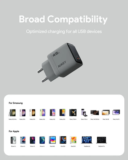 AUKEY Comet 45W GaN PD PA-C2 1-Port, Wall Charger Grey
