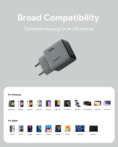 AUKEY Comet 45W GaN PD PA-C2 1-Port, Wall Charger Grey