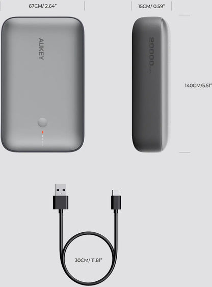 AUKEY Spark Mini 20000, 20W, PD,QC PB-Y57 GR Powerbank, Gray,USB-C,USB-A