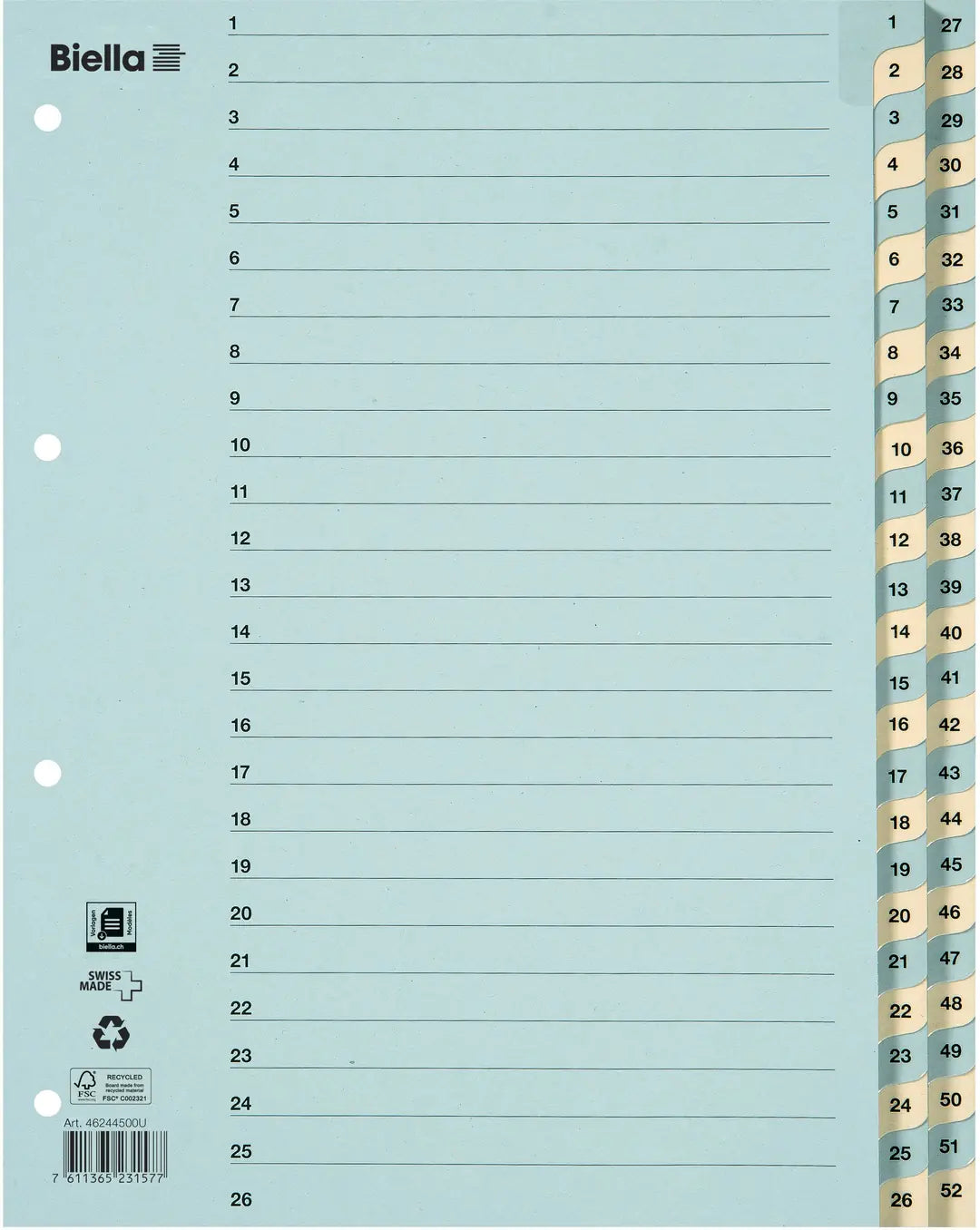 BIELLA Kartonregister 210g A4 46244500U blau/gelb 1-52