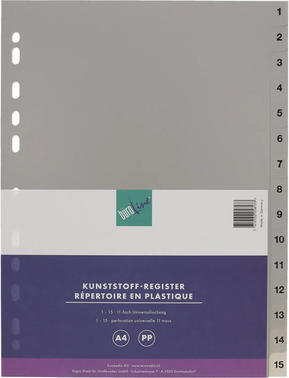 BÜROLINE Register PP A4 40940 grau 1-15