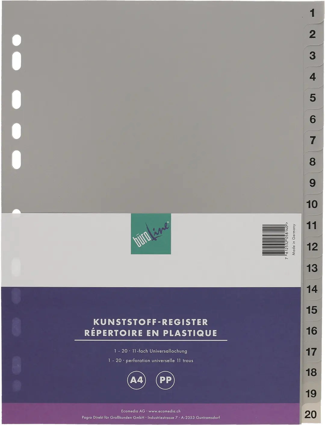 BÜROLINE Register PP A4 40942 grau 1-20