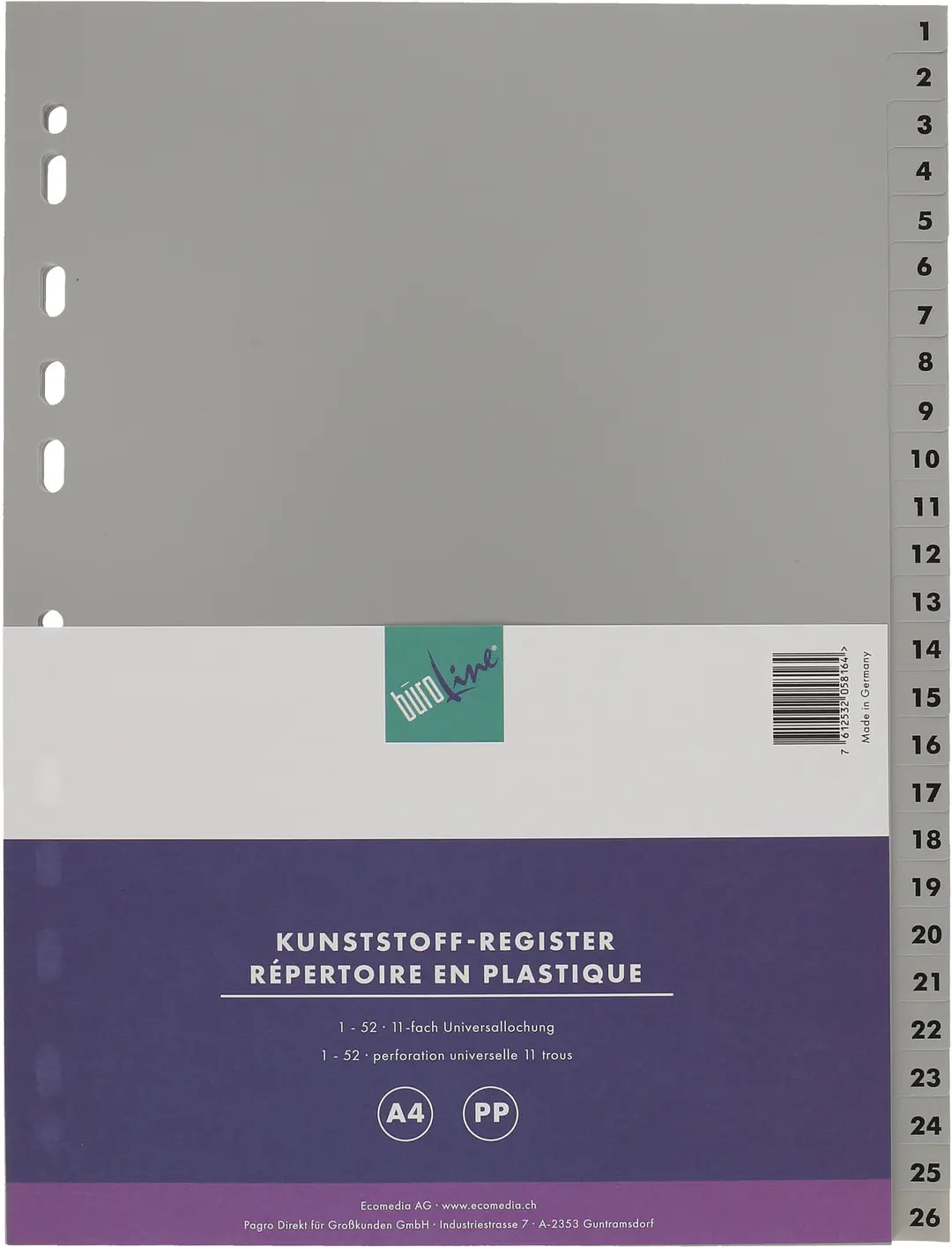 BÜROLINE Register PP A4 40947 grau 1-52
