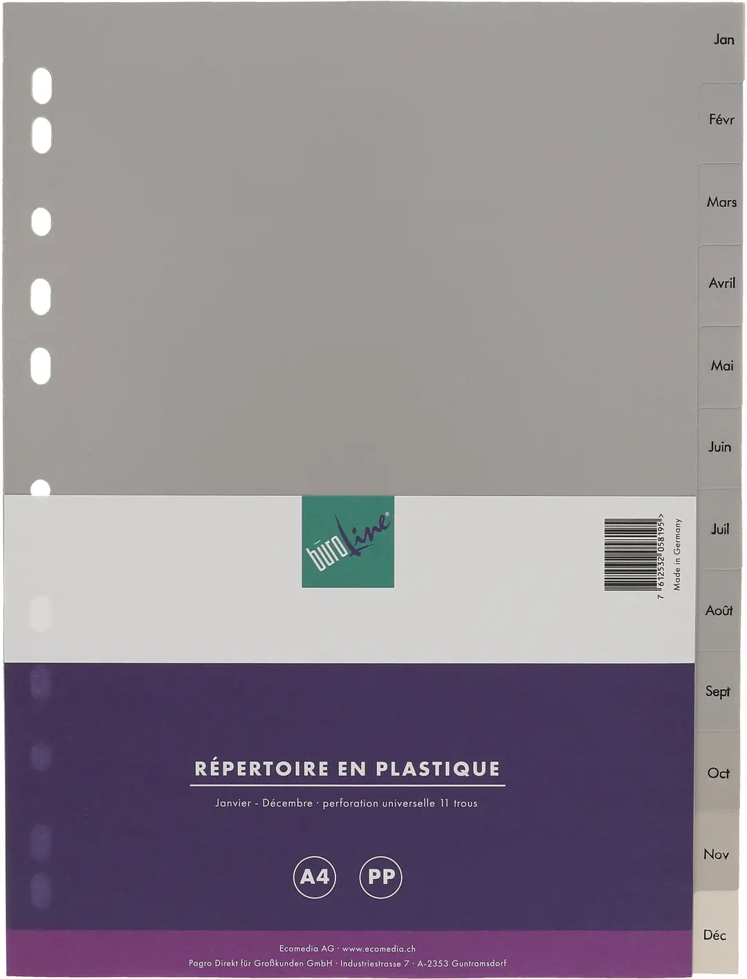 BÜROLINE Register PP A4 40953 grau Jan-Dec FR