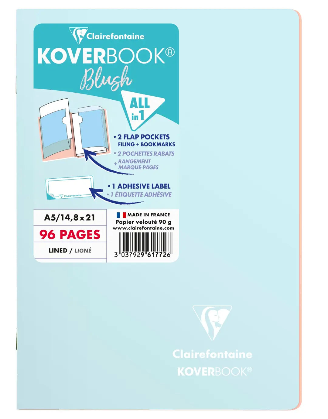 CLAIREFONTAINE Koverbook Schulheft Blush A5 961772C 90g, liniert eisblau / koralle