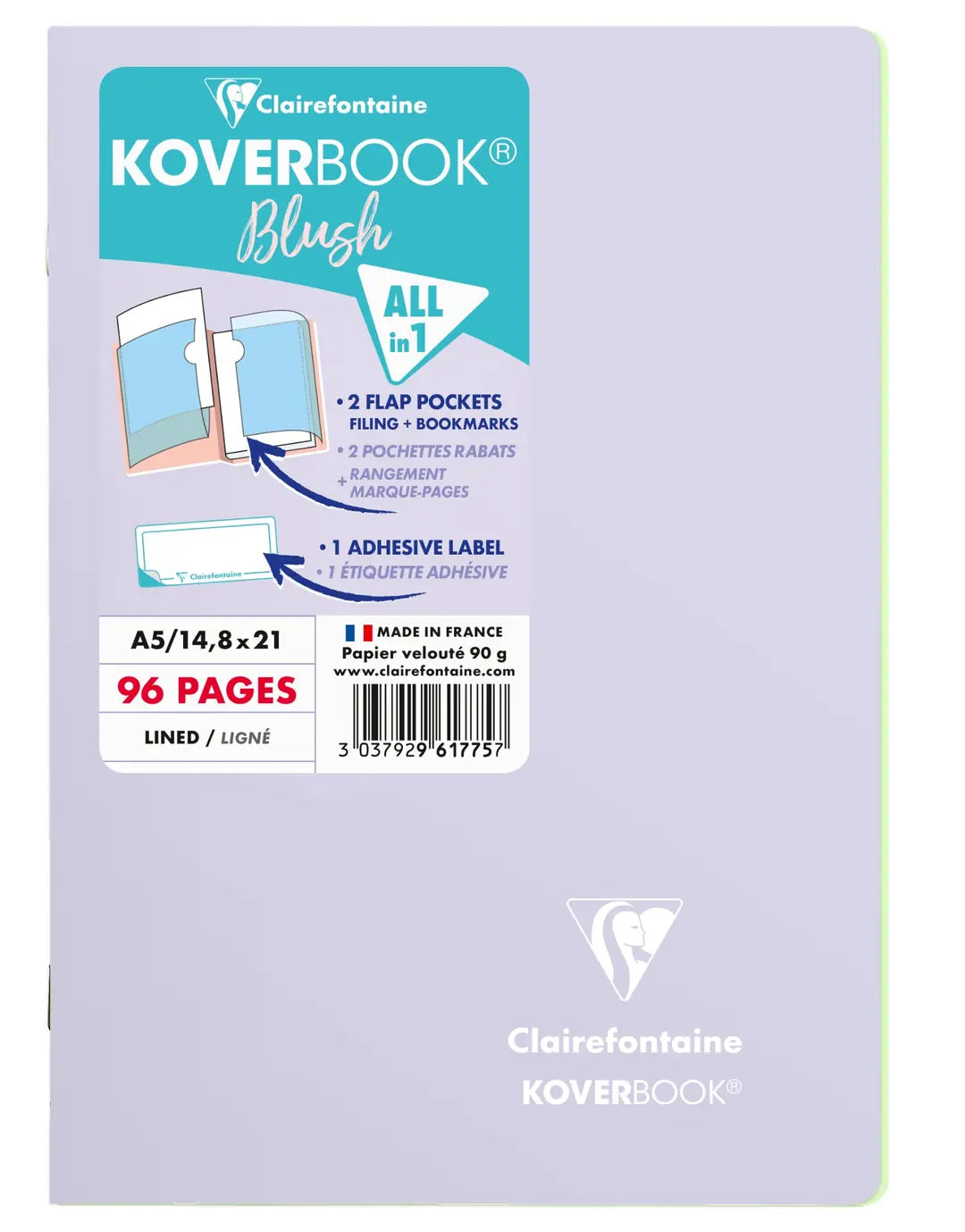 CLAIREFONTAINE Koverbook Schulheft Blush A5 961775C 90g, liniert lila / lindgrün