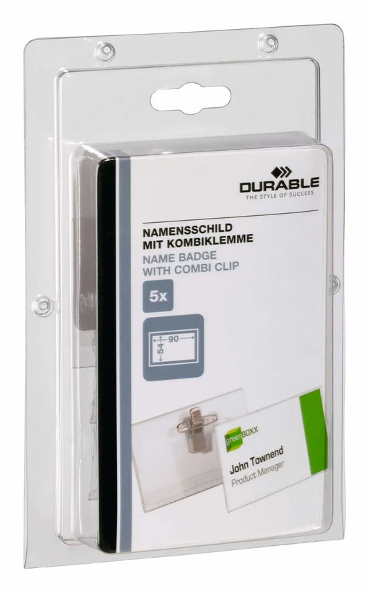 DURABLE Namensschild m/Klemme 90x54mm 861019 5 Stück transp. Kunststoff