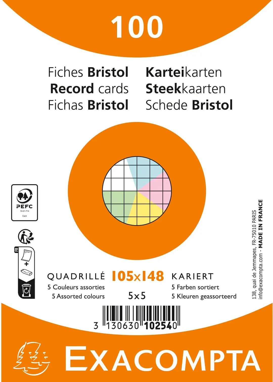 EXACOMPTA Karteikarten kariert A6 10254E farbig assortiert 100 Stück