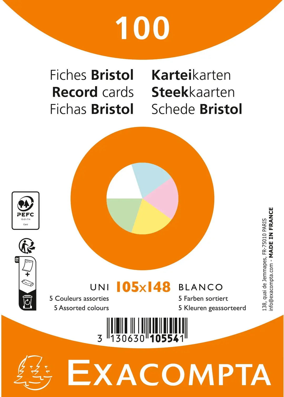 EXACOMPTA Karteikarten blanco A6 10554E farbig assortiert 100 Stück