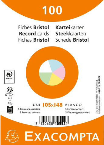 EXACOMPTA Karteikarten blanco A6 10554E farbig assortiert 100 Stück