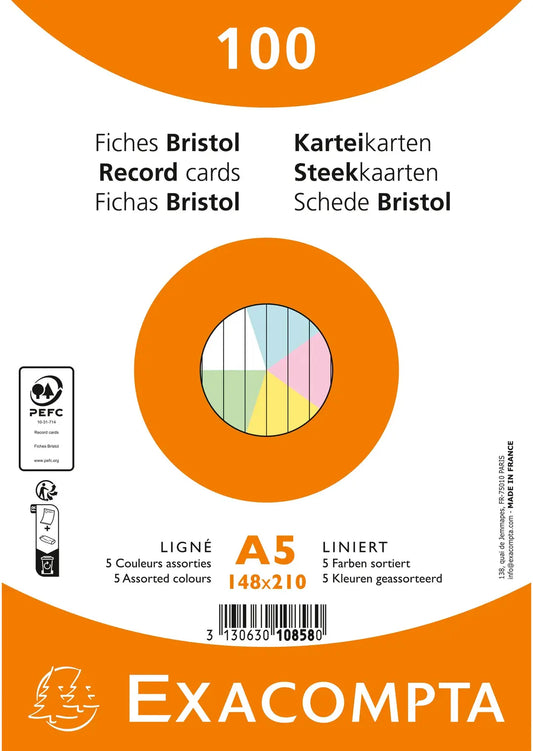 EXACOMPTA Karteikarten liniert A5 10858E farbig assortiert 100 Stück
