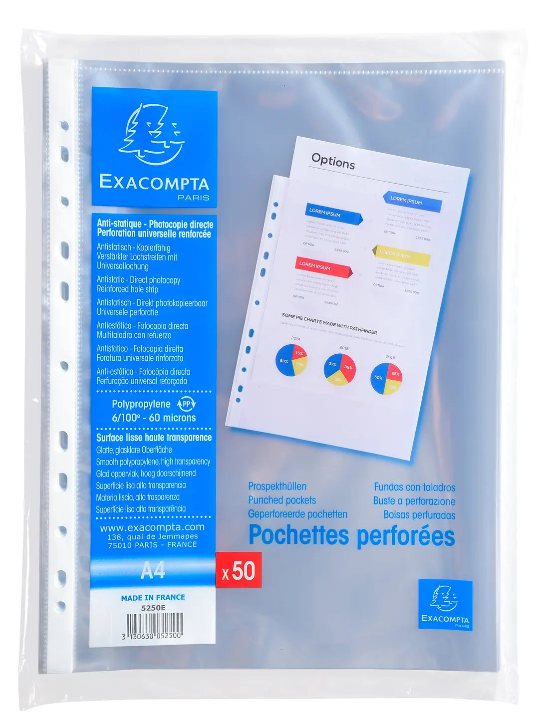 EXACOMPTA Zeigetaschen PP 60my A4 5250E transparent genarbt 50 Stück