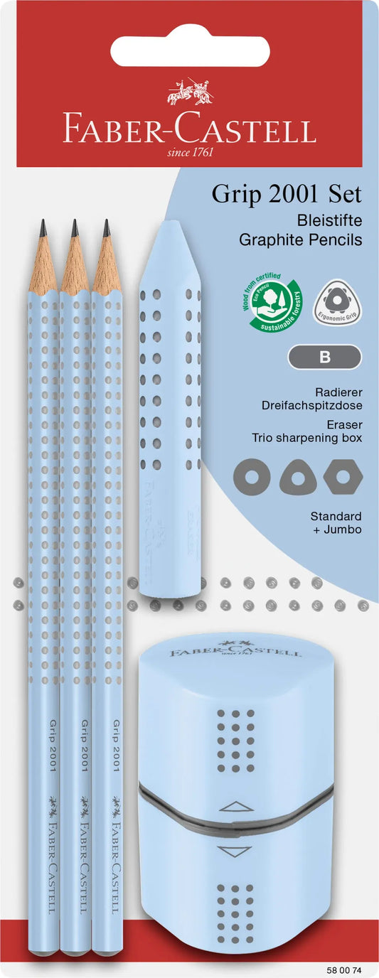 FABER-CASTELL Bleistift, Radierer, Spitzer B 580074 Grip Set 2001, sky blue