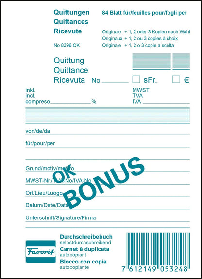 FAVORIT Quittungen OK BONUS D/F/I A6 8396 OK Durchschreibepapier 84 Blatt