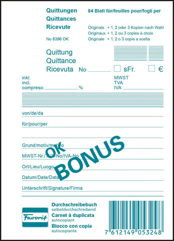 FAVORIT Quittungen OK BONUS D/F/I A6 8396 OK Durchschreibepapier 84 Blatt