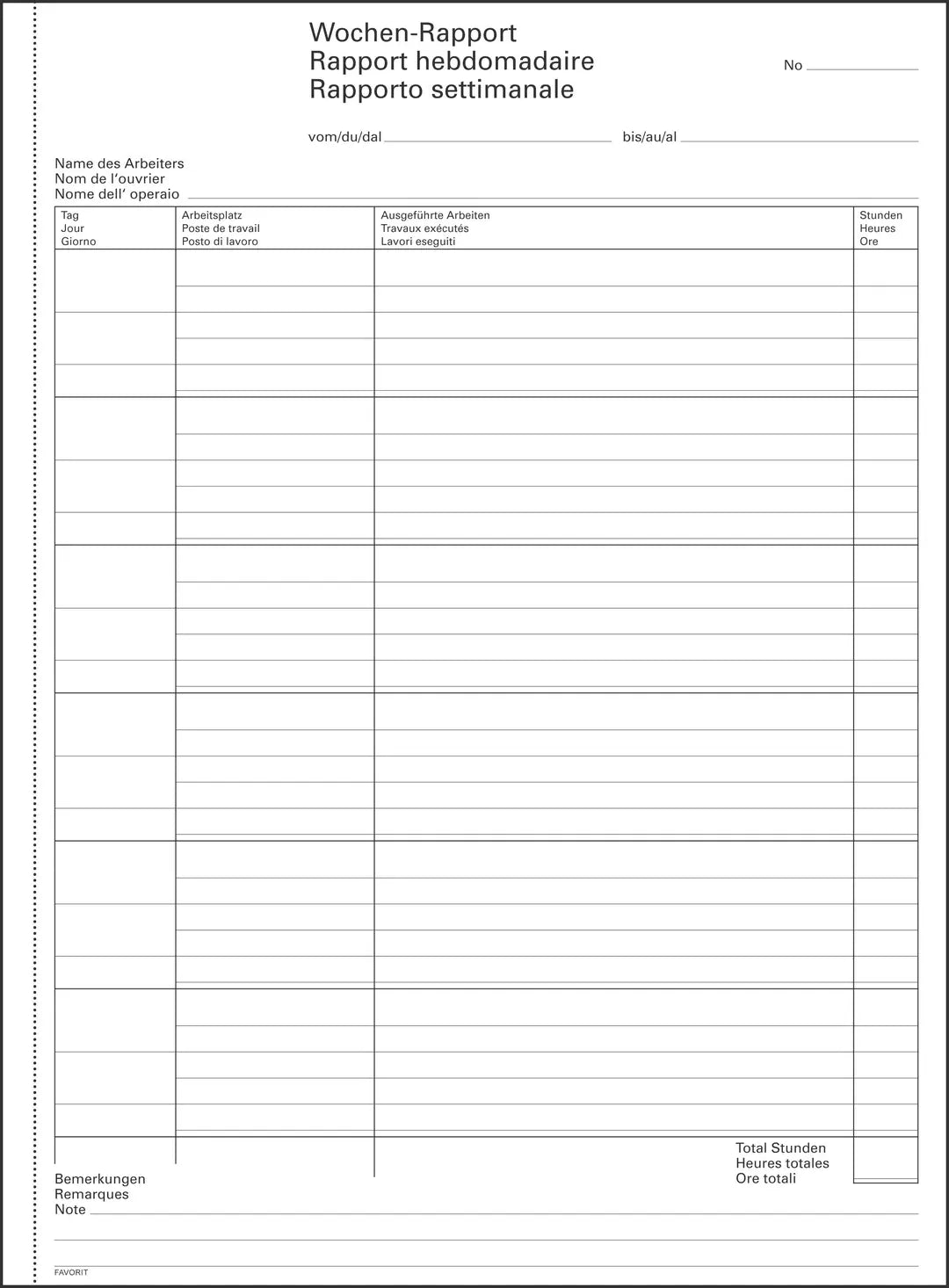 FAVORIT Wochen-Rapporte D/F/I A4 9301 OK Durchschreibepapier 50x2 Blatt