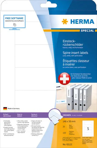 HERMA Einsteckrücken breit 146x50mm 65121 weiss 125Stk/ 25Blatt