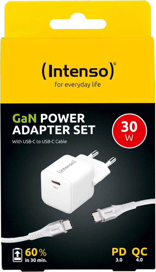 INTENSO Power Charger 30W GaN 1x USB-C 7803042 + Cable USB-C to USB C white